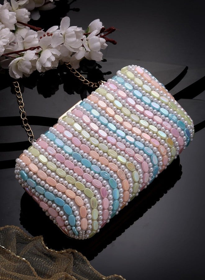 Anekaant Adorn Pastel Multi Wave Embellished Faux Silk Clutch - Image 3
