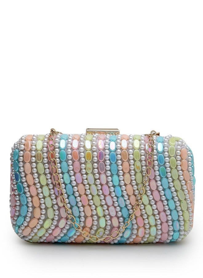 Anekaant Adorn Pastel Multi Wave Embellished Faux Silk Clutch - Image 1