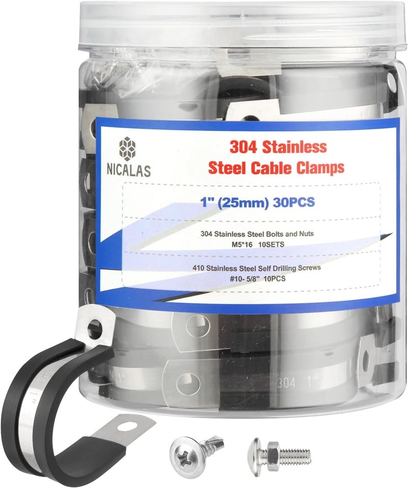 Nicalas 60pcs 1 Inch Stainless Steel Cable Clamps with Screws,Rubber Coated Cushioned Insulated P Clamp,Automotive Wire Clamp - Image 1