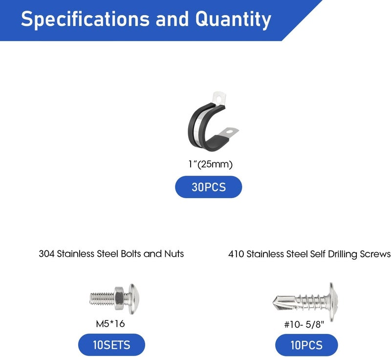 Nicalas 60pcs 1 Inch Stainless Steel Cable Clamps with Screws,Rubber Coated Cushioned Insulated P Clamp,Automotive Wire Clamp - Image 2