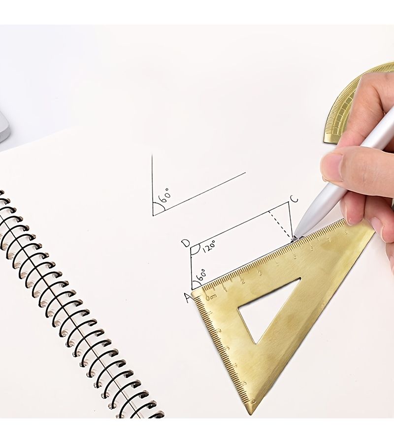 Brass Right Angle Triangle Ruler Semi Circular Protractor Precision Measuring Drawing Tool - Image 4