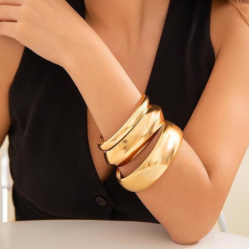KASTWAVE 3 Pcs Set Chunky Gold Bangles for Women - Wide Stackable Statement Bracelets, Fashionable Gold Tone Cuff Bangles, Trendy Wrist Jewelry for Everyday & Gifts - Image 4