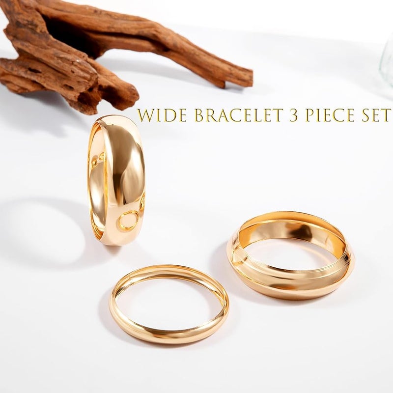 KASTWAVE 3 Pcs Set Chunky Gold Bangles for Women - Wide Stackable Statement Bracelets, Fashionable Gold Tone Cuff Bangles, Trendy Wrist Jewelry for Everyday & Gifts - Image 5