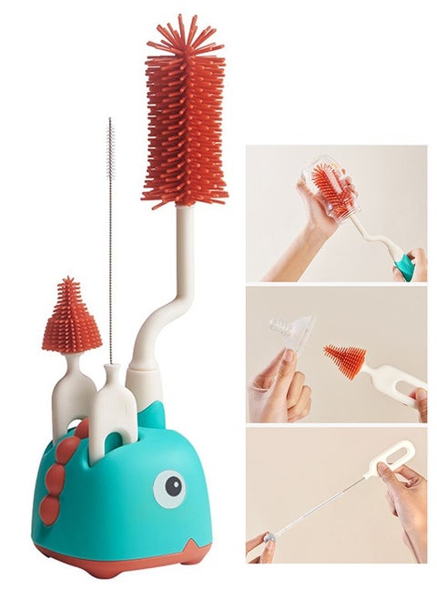 Silicone Bottle Brush Set with Stand, 360° Rotating Silicone Bottle Cleaning Brush Cleaner Set, Long Handle 3 in 1 Multipurpose Silicone Baby Bottle Straw Cleaner Brush