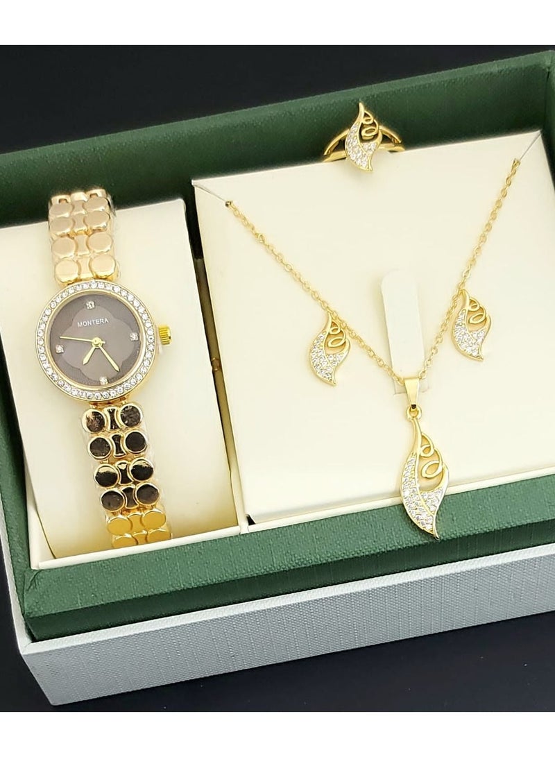 A set of an analog watch and a set consisting of a necklace, earring and a ring for women