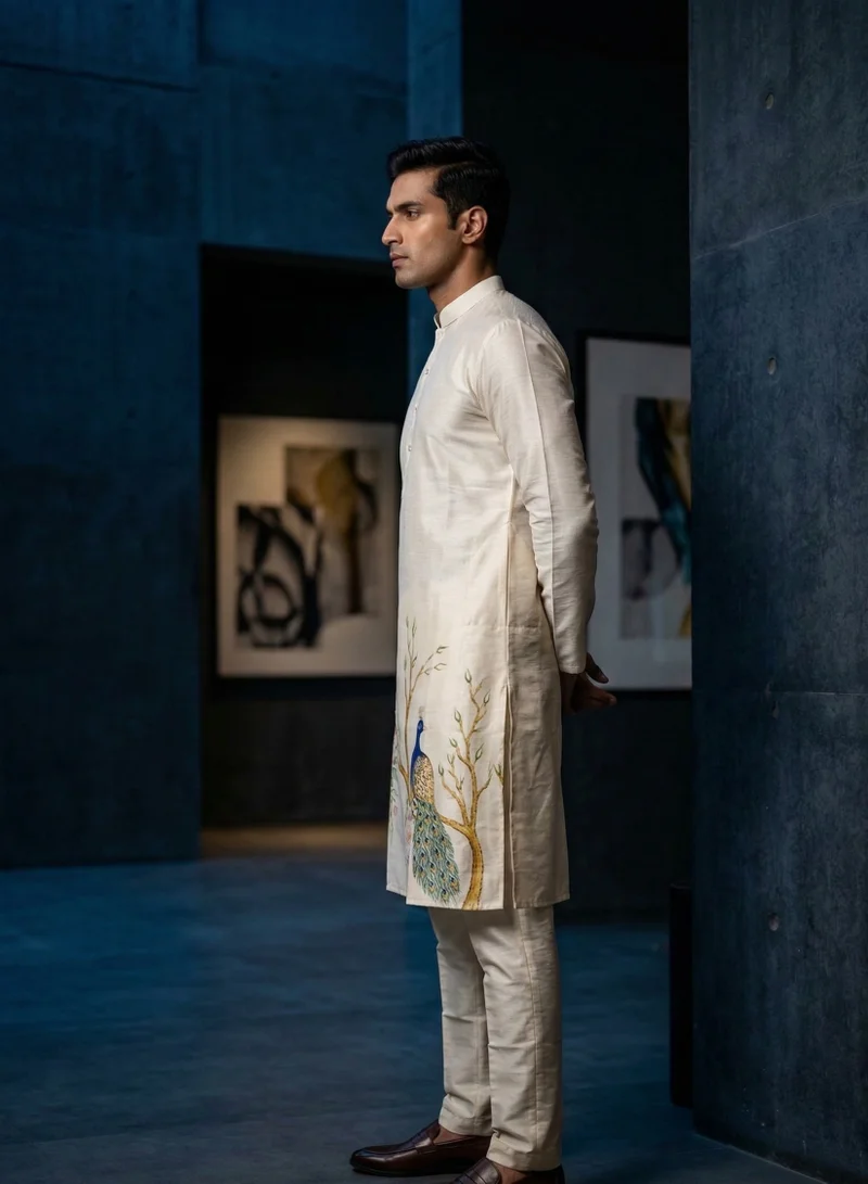 Lehar Men’s Beige Embroidered Silk Blend Kurta Set – Ivory with Peacock Floral Motif