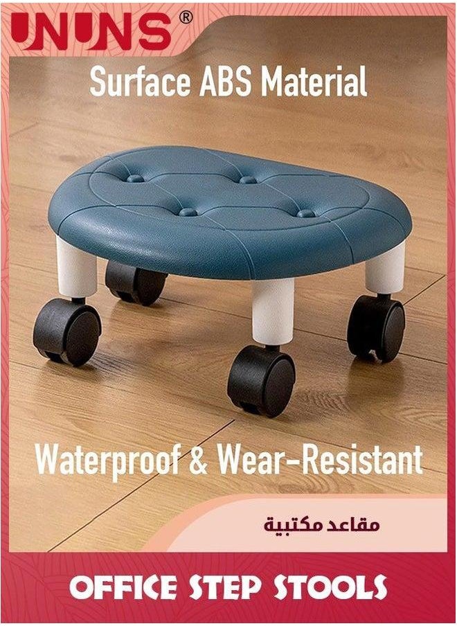 UNUNS Office Step Stools,Universal Wheel Movable Mini Stool,Low Roller Seat Stool Chair Leather Little Low Small Stools for Home Sport,Blue  - Image 3