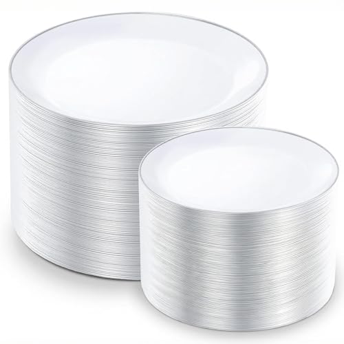 KIRE 200PCS Silver Plastic Plates - White Plastic Plates with Silver Rim Include 100 Dinner Plate and 100 for Dessert/Salad Plate for Birthday/Wedding/Party/Father's Day - Image 1