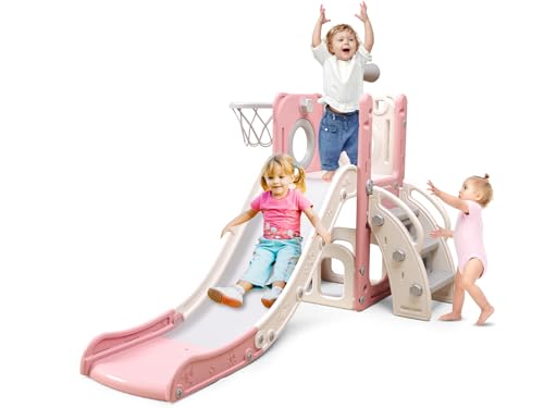 Baotree 6 in 1 Toddler Playset with Slide Kids Slide with Basketball Hoop Ball Ring Toss Indoor Outdoor Toys Pink White - Image 1