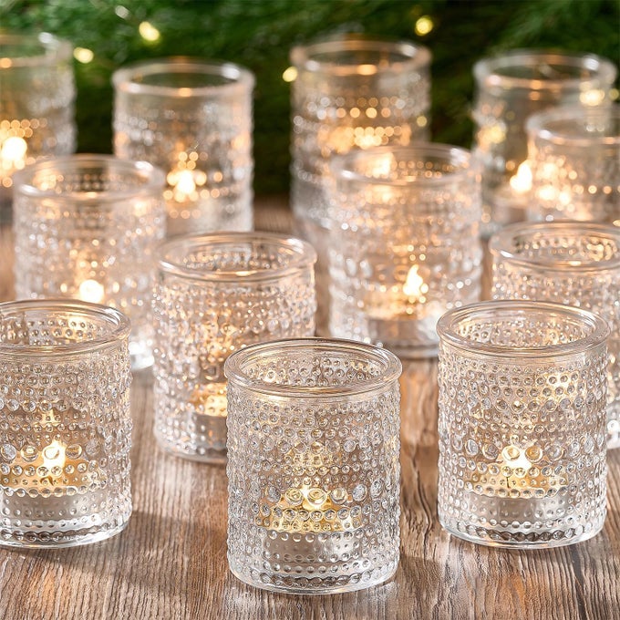 24 PACK CLEAR GLASS VOTIVE CANDLE HOLDERS VINTAGE CANDLE HOLDER FOR FLOATING CANDLE TEALIGHT CANDLE HOLDER FOR TABLE CENTERPIECES HOME BRIDAL SHOWER BIRTHDAY CHRISTMAS WEDDING PARTY TABLE DECORATION