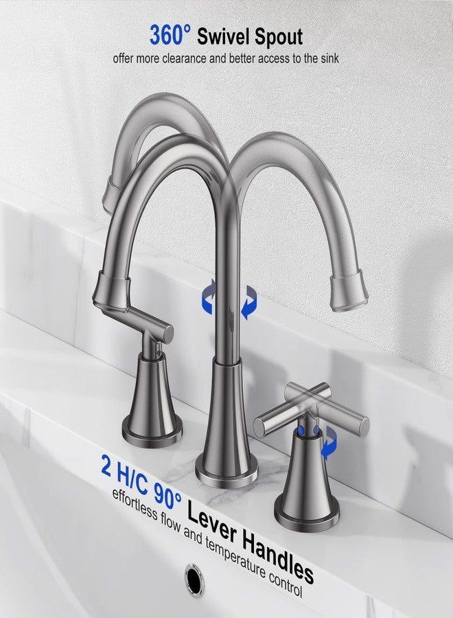 Hurran Bathroom Faucets for Sink 3 Hole, Hurran 8 inch Widespread Brushed Grey Bathroom Sink Faucet with Pop-up Drain and Supply Hose, Stainless Steel Lead-Free Faucet for Vessel Sink Vanity RV - Image 3