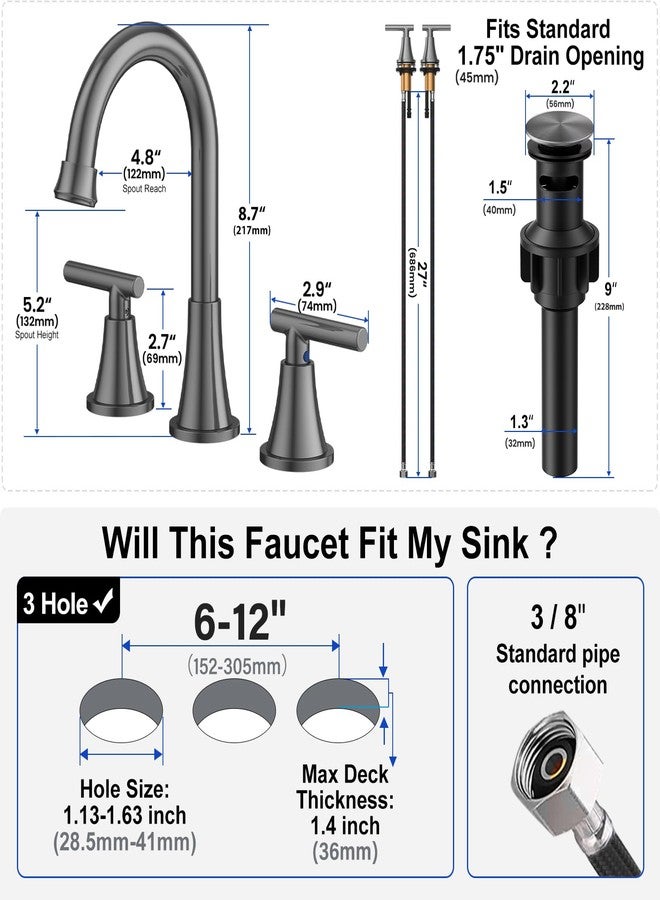 Hurran Bathroom Faucets for Sink 3 Hole, Hurran 8 inch Widespread Brushed Grey Bathroom Sink Faucet with Pop-up Drain and Supply Hose, Stainless Steel Lead-Free Faucet for Vessel Sink Vanity RV - Image 5