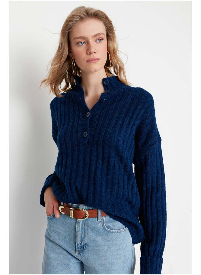 trendyol Navy Blue Wide Fit Soft Textured High Neck Knitwear Sweater TWOAW21KZ0783  - Image 1