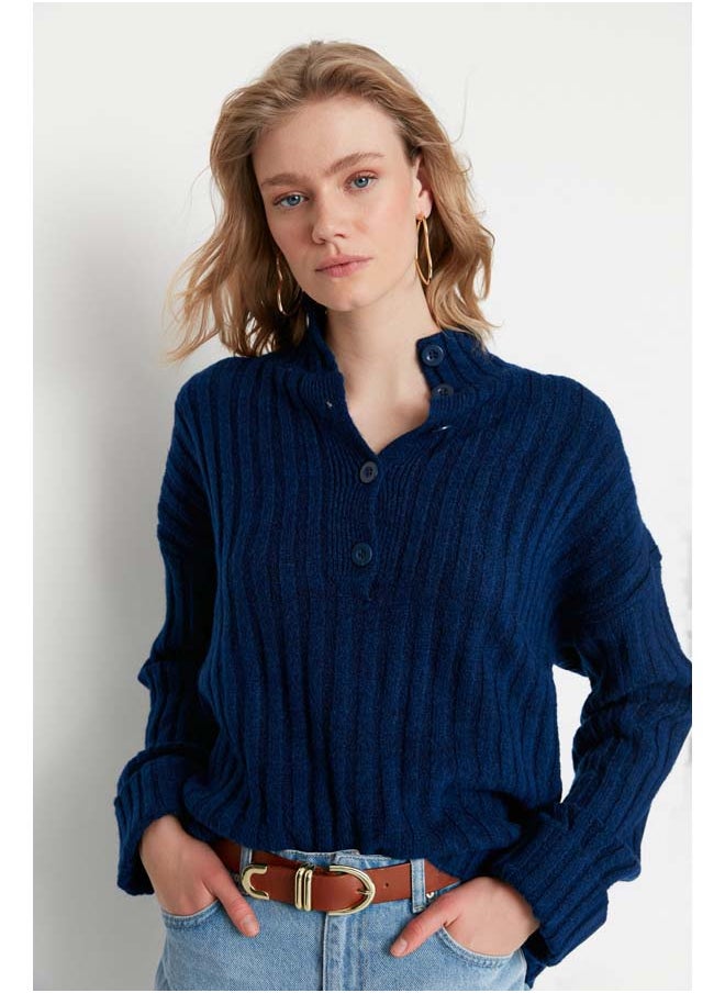 trendyol Navy Blue Wide Fit Soft Textured High Neck Knitwear Sweater TWOAW21KZ0783  - Image 2