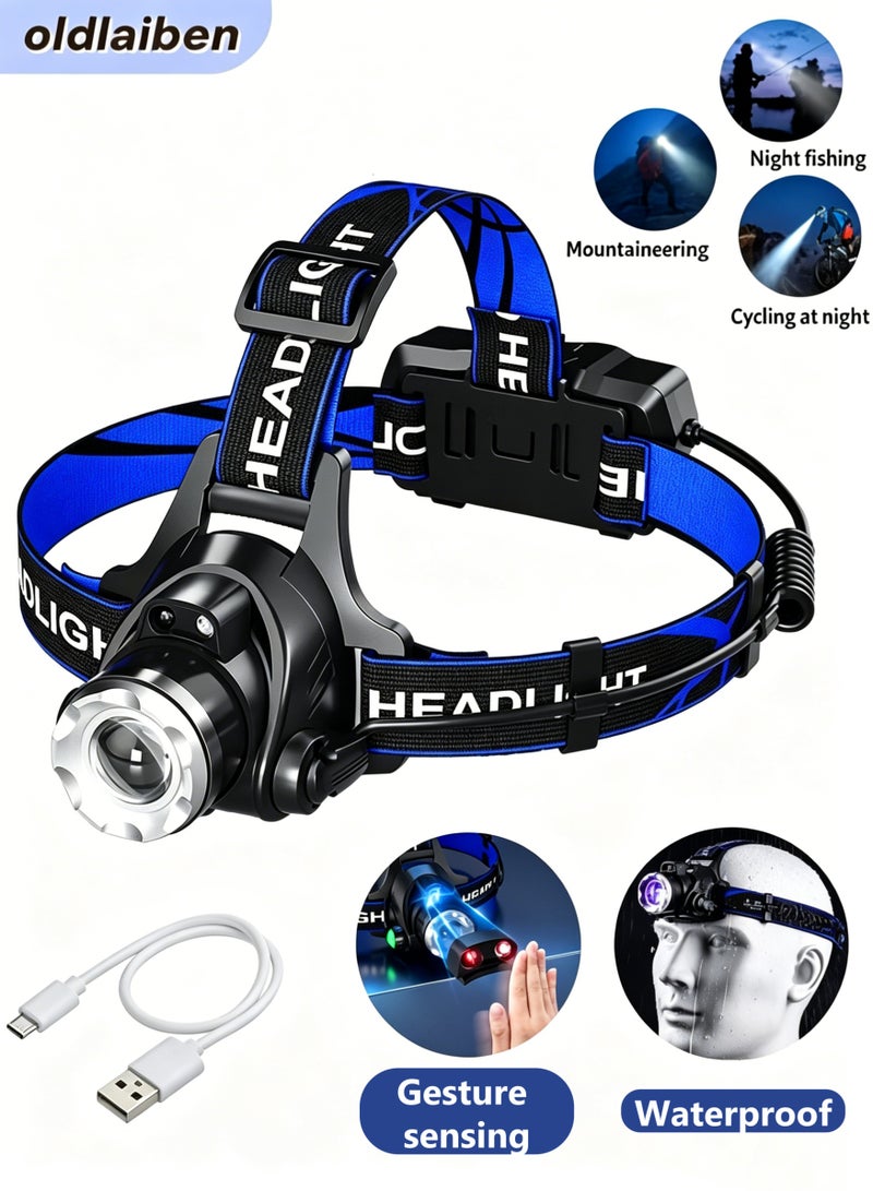 oldlaiben LED Headlamp, Rechargeable USB – 360° Adjustable, 3 Modes, Waterproof with Motion Sensor - Image 1