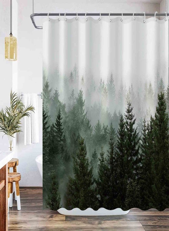 Aipon Green Misty Forest Shower Curtain Nature Tree Shower Curtain Set Dark Green Fabric Waterproof Shower Curtains for Bathroom Decor with 12 Hooks (72'' × 72'', Green4) - Image 3