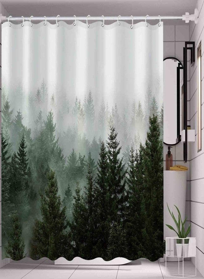 Aipon Green Misty Forest Shower Curtain Nature Tree Shower Curtain Set Dark Green Fabric Waterproof Shower Curtains for Bathroom Decor with 12 Hooks (72'' × 72'', Green4) - Image 5