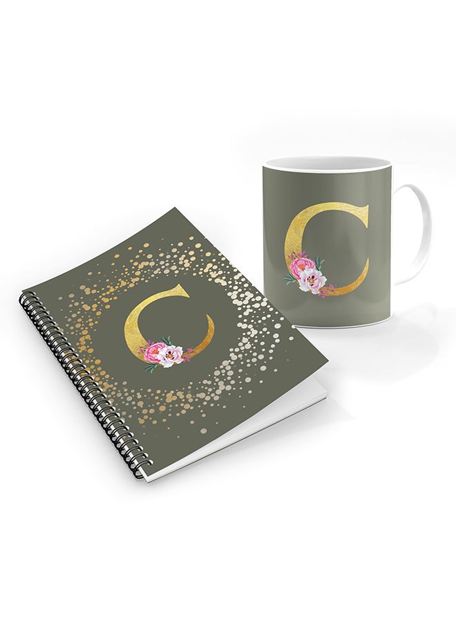 Stylizedd Printed Coffee Mug + A5 Spiral Notebook Memo Personalised Combo Gift Set Custom Monogram Initial Letter Floral Pattern Alphabet - C  (Olive Green )