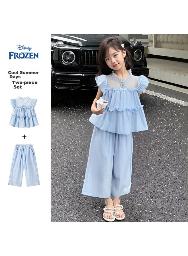 Disney Girls' Summer Thin Set New Pearl Ruffled Top Wide Leg Pants Sweet Girls' Two-Piece Set - Image 1