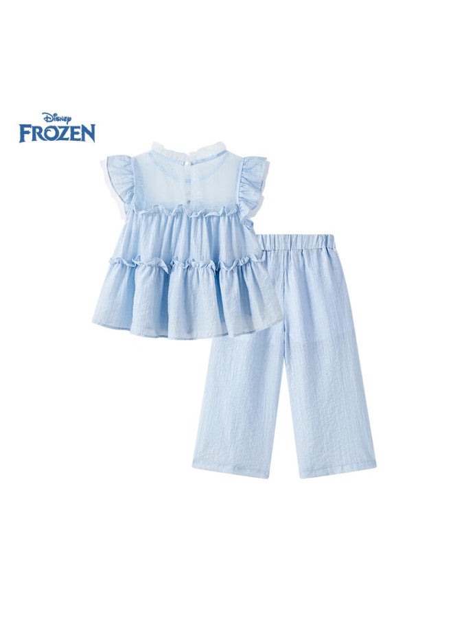 Disney Girls' Summer Thin Set New Pearl Ruffled Top Wide Leg Pants Sweet Girls' Two-Piece Set - Image 4
