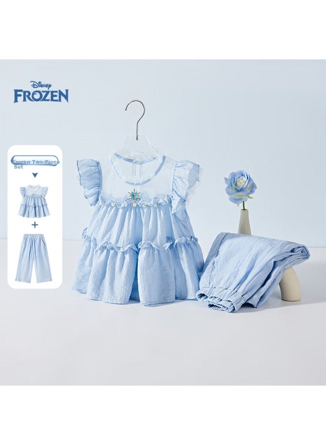 Disney Girls' Summer Thin Set New Pearl Ruffled Top Wide Leg Pants Sweet Girls' Two-Piece Set - Image 2