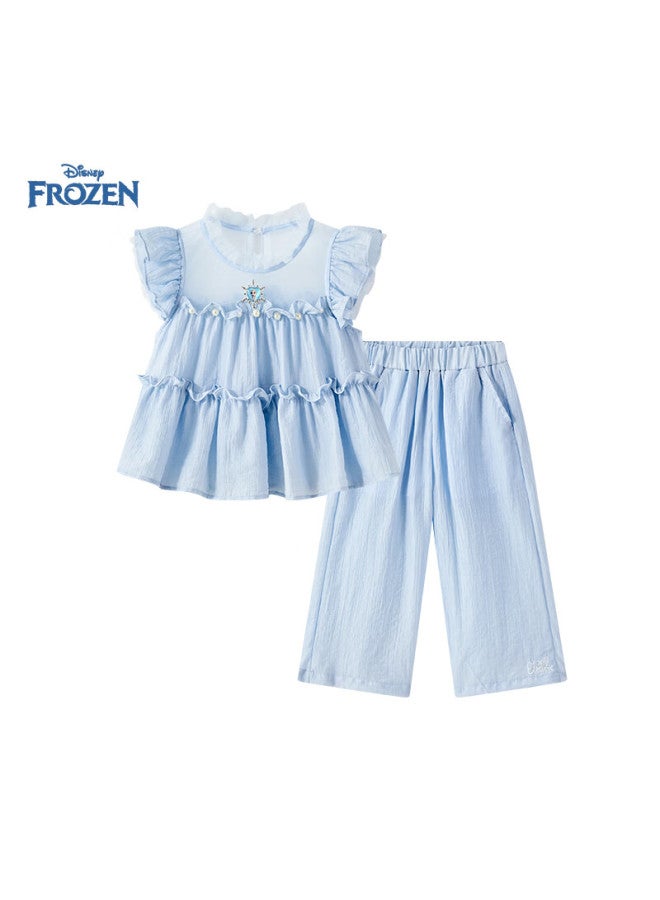 Disney Girls' Summer Thin Set New Pearl Ruffled Top Wide Leg Pants Sweet Girls' Two-Piece Set - Image 3