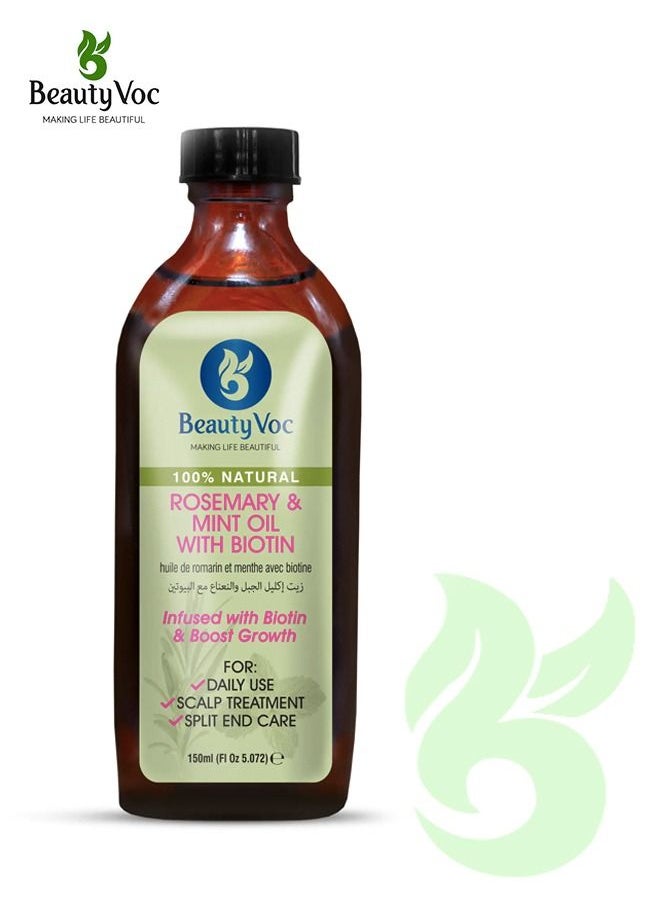 BEAUTY VOC Rosemary and Mint Oil with Biotin Encourage Hair Growth, Fortifies Hair Strands, Diminishing Breakage and Fosters a Vibrant, Healthy Appearance, 150ml  - Image 1