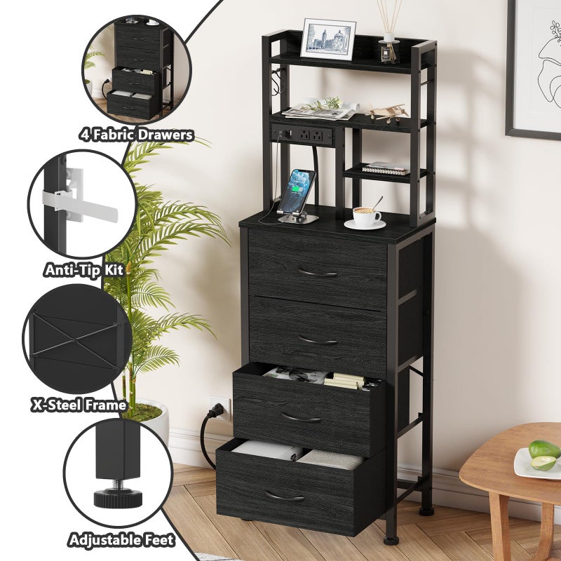 Furnulem Tall Nightstand, LED Night Stand with Charging Station and USB Ports, 4 Fabric Drawers and 4 Tier Storage Shelf, Nightstands Bedside Tables for Bedroom, Dorm, Office (Black Oak) - Image 4