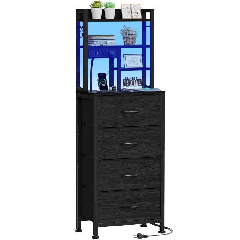 Furnulem Tall Nightstand, LED Night Stand with Charging Station and USB Ports, 4 Fabric Drawers and 4 Tier Storage Shelf, Nightstands Bedside Tables for Bedroom, Dorm, Office (Black Oak) - Image 1