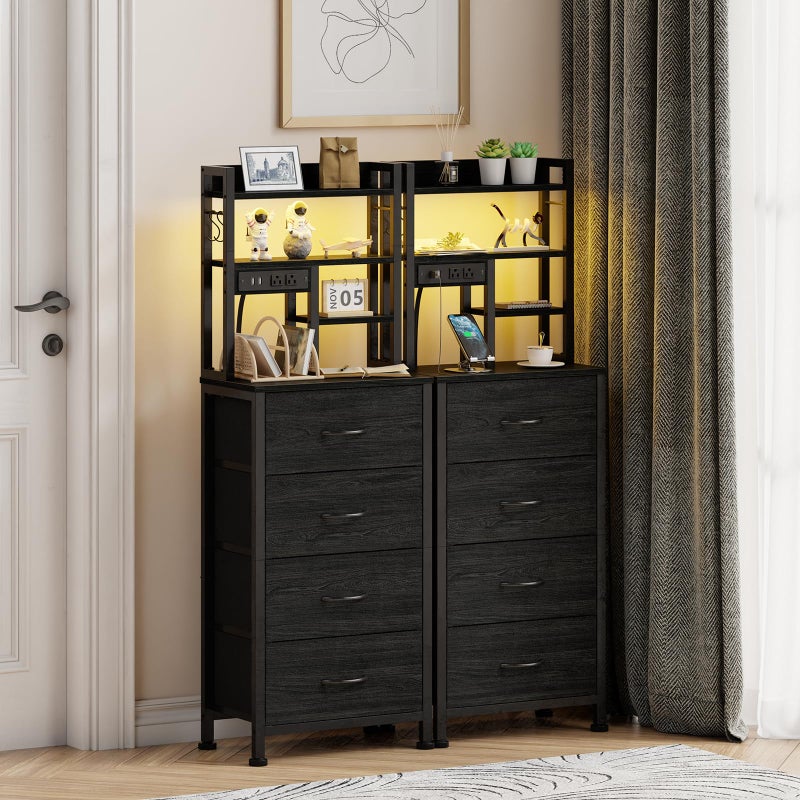 Furnulem Tall Nightstand, LED Night Stand with Charging Station and USB Ports, 4 Fabric Drawers and 4 Tier Storage Shelf, Nightstands Bedside Tables for Bedroom, Dorm, Office (Black Oak) - Image 5