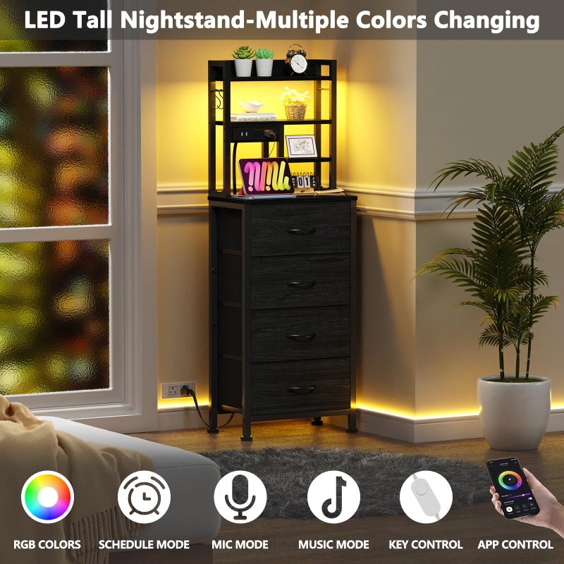 Furnulem Tall Nightstand, LED Night Stand with Charging Station and USB Ports, 4 Fabric Drawers and 4 Tier Storage Shelf, Nightstands Bedside Tables for Bedroom, Dorm, Office (Black Oak) - Image 3