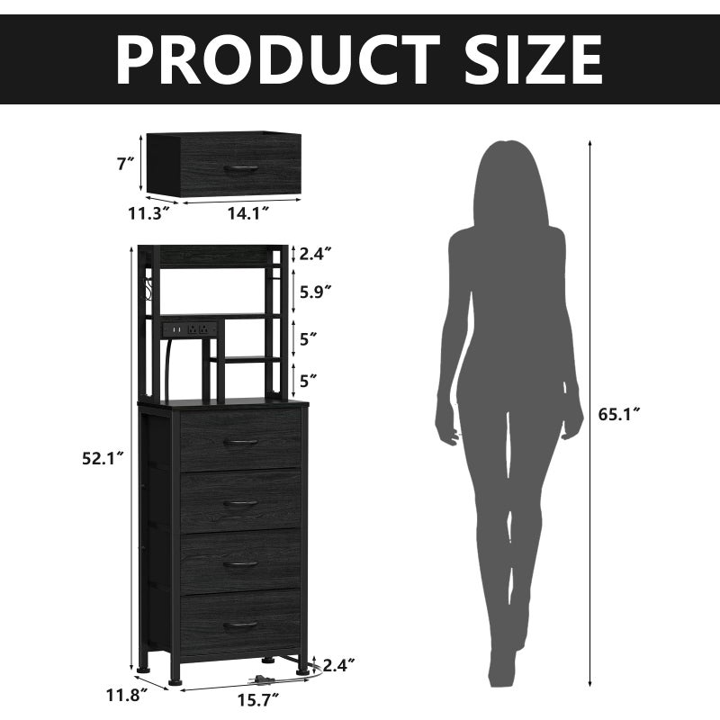 Furnulem Tall Nightstand, LED Night Stand with Charging Station and USB Ports, 4 Fabric Drawers and 4 Tier Storage Shelf, Nightstands Bedside Tables for Bedroom, Dorm, Office (Black Oak) - Image 2
