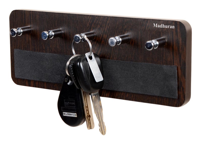 Madhuran MDF Wood Wall Hanging Small Key Holders Racks Stand 5 Hooks (Matte, Wenge) / Home Office Antique Stylish Multiple Organizer Unique Aesthetic Craft Wooden Tray - Image 1