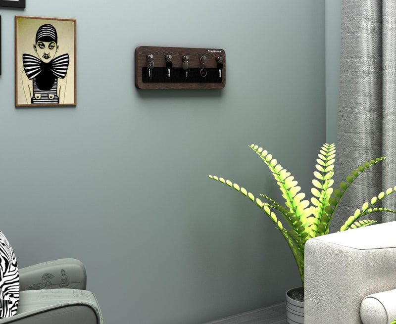 Madhuran MDF Wood Wall Hanging Small Key Holders Racks Stand 5 Hooks (Matte, Wenge) / Home Office Antique Stylish Multiple Organizer Unique Aesthetic Craft Wooden Tray - Image 4