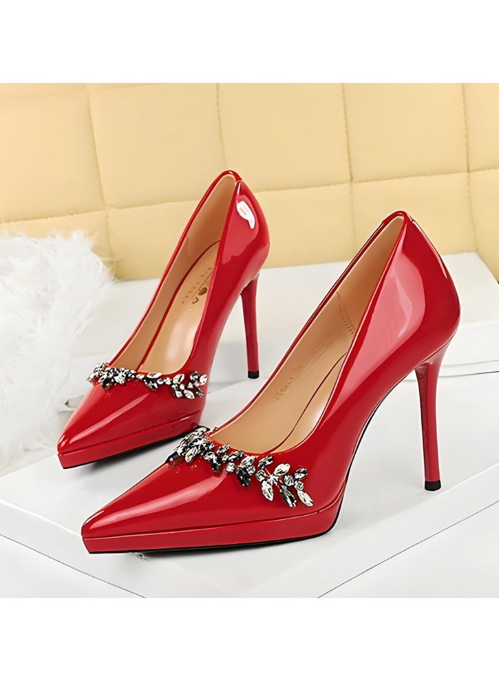 بيج تري النساء الراينست مغلقة إصبع القدم عالية الكعب مضخات مع منصة أحمر 10.5CM - Image 1