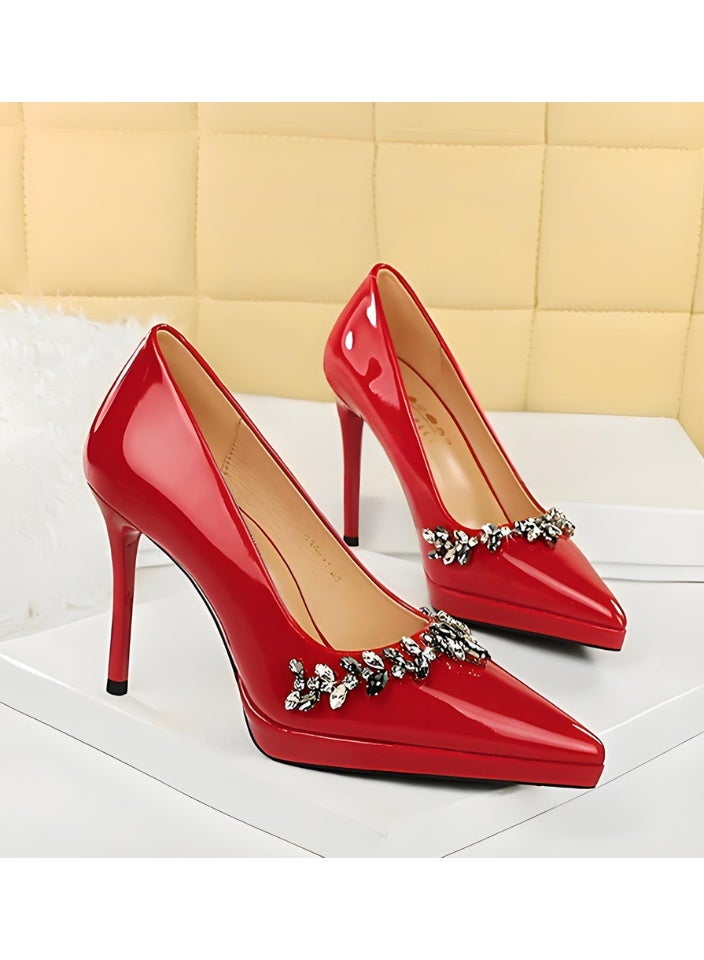 بيج تري النساء الراينست مغلقة إصبع القدم عالية الكعب مضخات مع منصة أحمر 10.5CM - Image 2