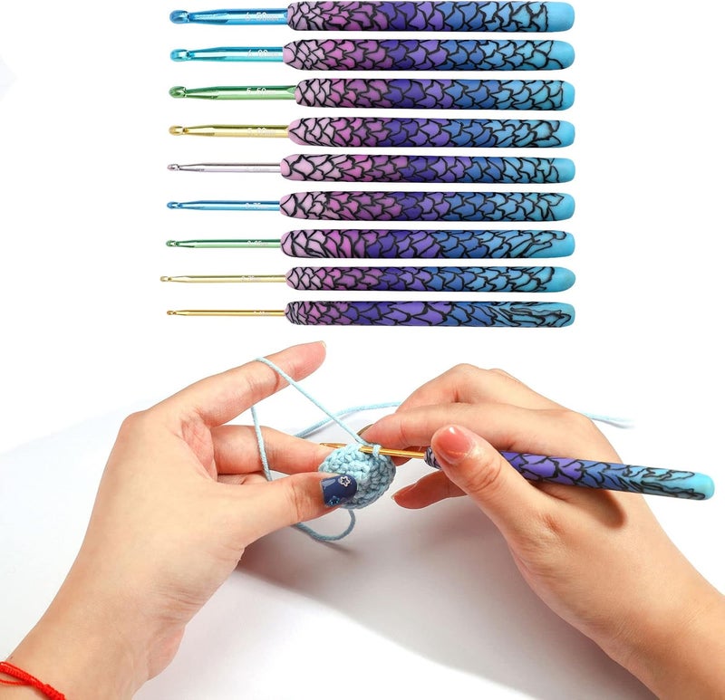 كلاراكو مجموعة إبر كروشيه، 9/12 قطعة، إبر كروشيه ألومنيوم متعددة الألوان للكروشيه والحياكة، مقاس 2.25-6.5/8 مم، مقاس 2.25-6.5 مم، تصميم حورية البحر - Image 4