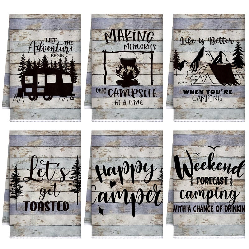 Boyiee Set of 6 Camping Kitchen Towels Happy Camper Tea Towels Absorbent Farmhouse Dish Towels with Funny Sayings 24 x 16 Inches Camping Hand Towels for RV Campers Lovers Gifts Accessories Decorations - Image 1