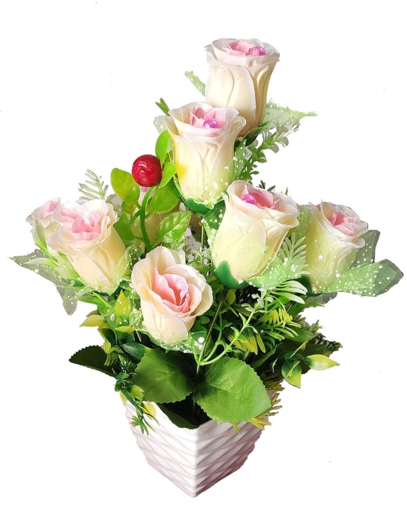 BK MART BK MART Imported Beautiful Light Pink Rose Flower Bunch with Pot for Home Shop Office Decor 10 Flower Sticks 14 inch Pack of 10  - Image 3