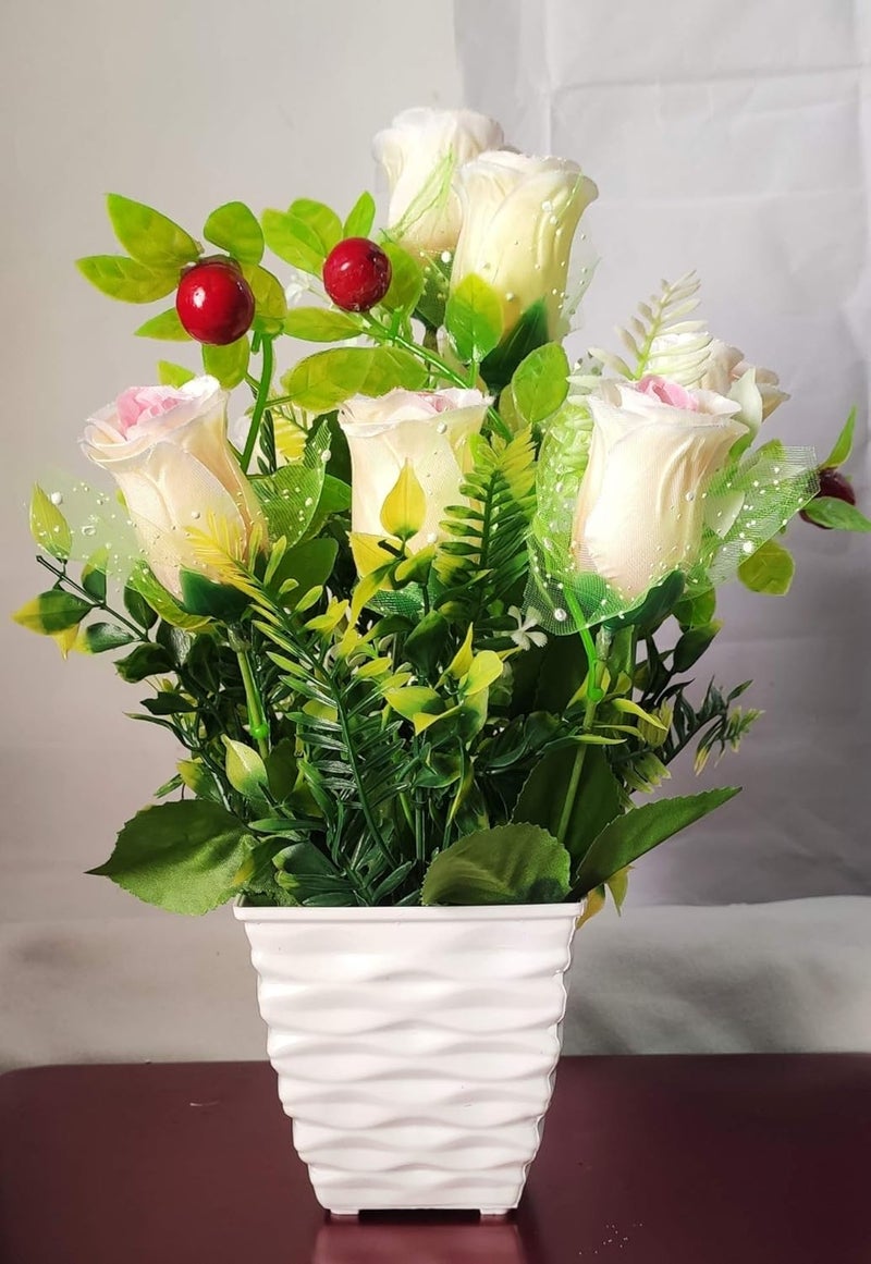 BK MART BK MART Imported Beautiful Light Pink Rose Flower Bunch with Pot for Home Shop Office Decor 10 Flower Sticks 14 inch Pack of 10  - Image 4