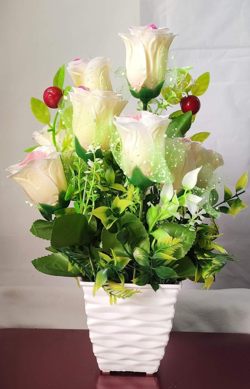 BK MART BK MART Imported Beautiful Light Pink Rose Flower Bunch with Pot for Home Shop Office Decor 10 Flower Sticks 14 inch Pack of 10  - Image 1