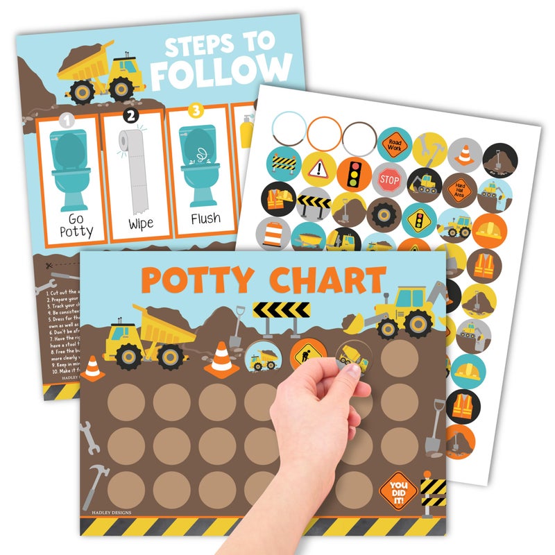 Hadley Designs Potty Training Chart for Toddlers Boys -10 Sticker Potty Chart for Toddlers Boys, 8.5x11" Potty Training Sticker Charts for Toilet Success, Construction Toddler Reward Chart for Kids - Image 1
