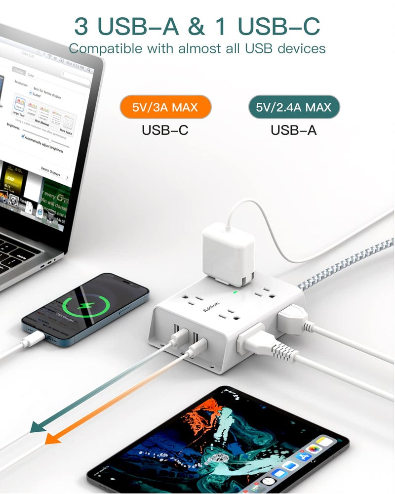 Addtam Surge Protector Power Strip - 8 Widely Outlets with 4 USB Ports(1 USB C Outlet), Addtam 3-Side Outlet Extender Strip with 5Ft Extension Cord, Flat Plug, Wall Mount for Dorm Home Office, ETL Listed - Image 4