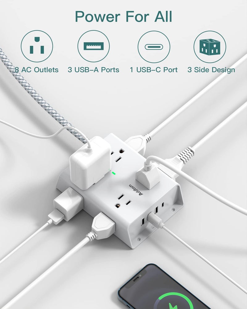 Addtam Surge Protector Power Strip - 8 Widely Outlets with 4 USB Ports(1 USB C Outlet), Addtam 3-Side Outlet Extender Strip with 5Ft Extension Cord, Flat Plug, Wall Mount for Dorm Home Office, ETL Listed - Image 2
