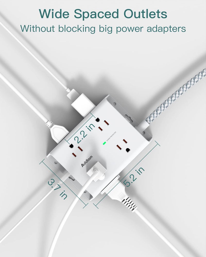 Addtam Surge Protector Power Strip - 8 Widely Outlets with 4 USB Ports(1 USB C Outlet), Addtam 3-Side Outlet Extender Strip with 5Ft Extension Cord, Flat Plug, Wall Mount for Dorm Home Office, ETL Listed - Image 3