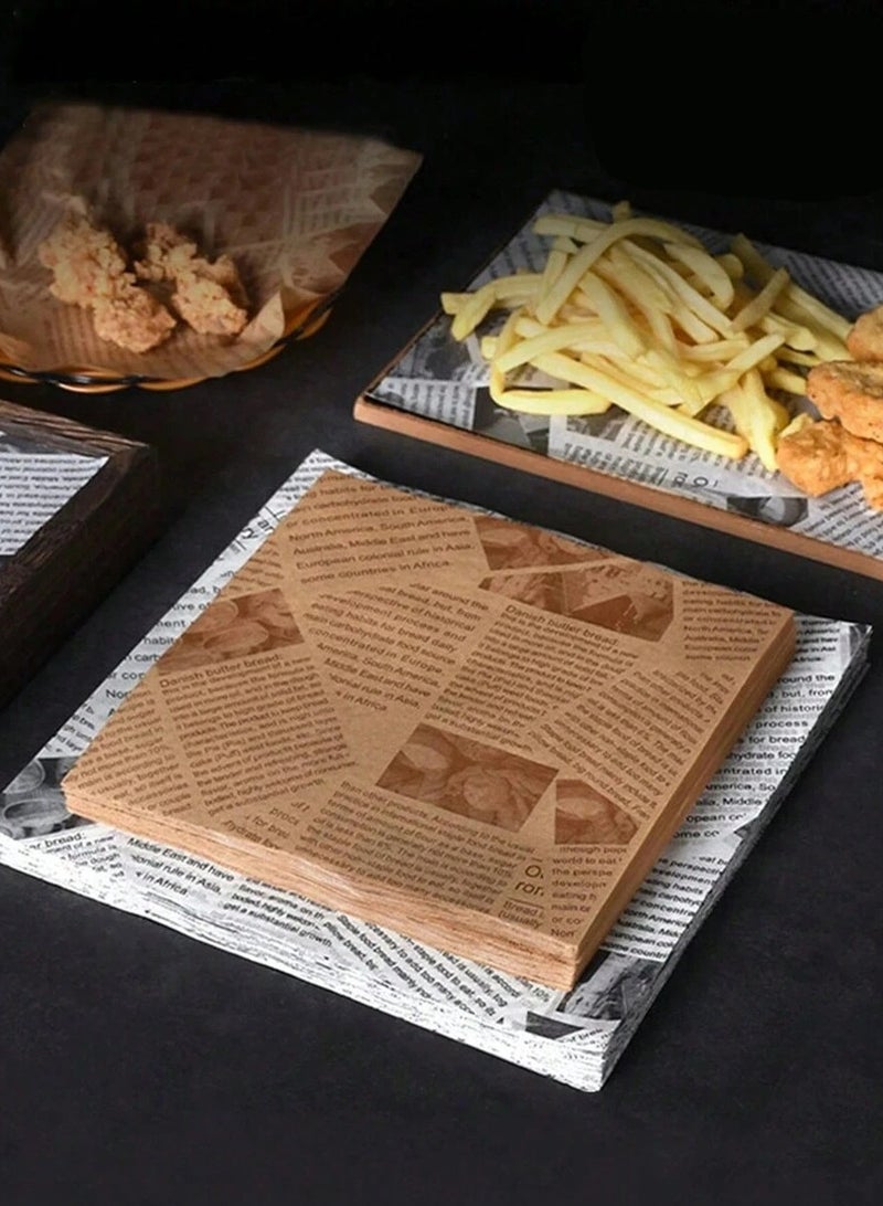 Baking Paper Parchment Sheets 100pcs 15x15cm Oil-Proof Stain-Resistant Retro Newspaper Print Sandwich Wrapping Paper Food Tray Basket Liners for Restaurant Cafe Catering Party Picnic Home Use - Image 1