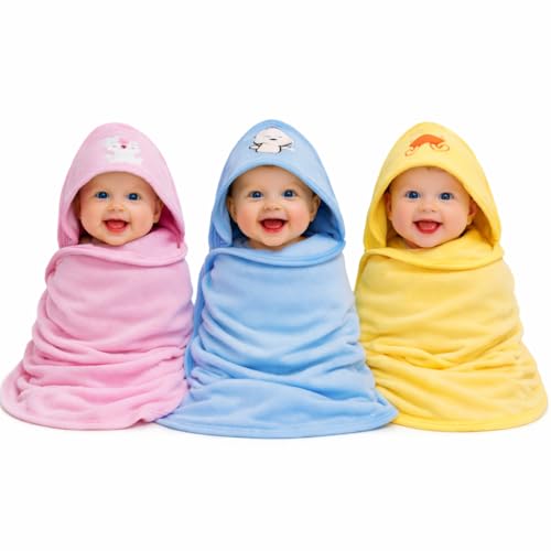 BRANDONN Ultra Soft Polar Fleece Baby Hooded Blanket with Premium Embroidery, 200 GSM All-Weather Newborn Wrapper, Bath Towel White Piping Stitch, 24 x 30 Inches, 0-6 Months, Pink, Sky, Mango - Image 2
