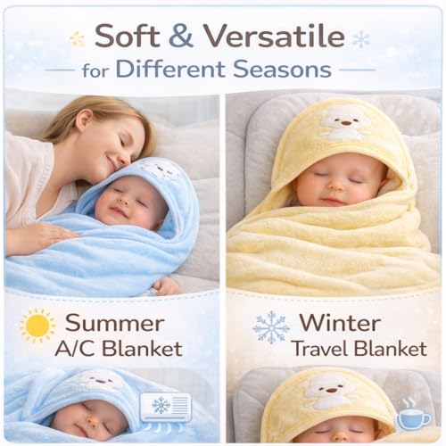 BRANDONN Ultra Soft Polar Fleece Baby Hooded Blanket with Premium Embroidery, 200 GSM All-Weather Newborn Wrapper, Bath Towel White Piping Stitch, 24 x 30 Inches, 0-6 Months, Pink, Sky, Mango - Image 3