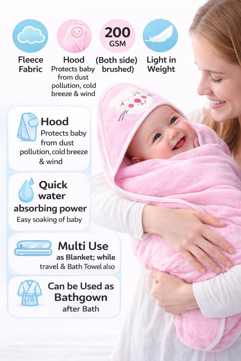 BRANDONN Ultra Soft Polar Fleece Baby Hooded Blanket with Premium Embroidery, 200 GSM All-Weather Newborn Wrapper, Bath Towel White Piping Stitch, 24 x 30 Inches, 0-6 Months, Pink, Sky, Mango - Image 5