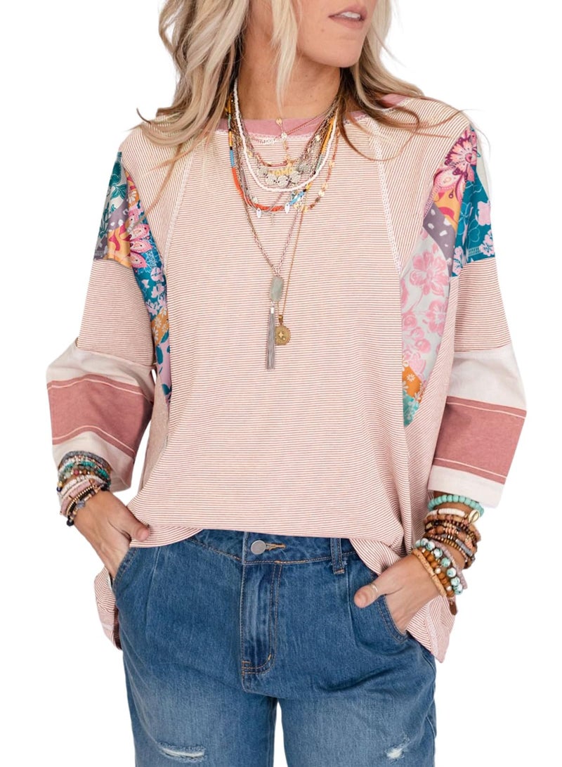EVALESS Spring Tops for Women 2026 Boho Patchwork Striped 3/4 Length Sleeve Crewneck Oversized Shirts Beach Vacation Travel Clothes Pink 2XL - Image 1